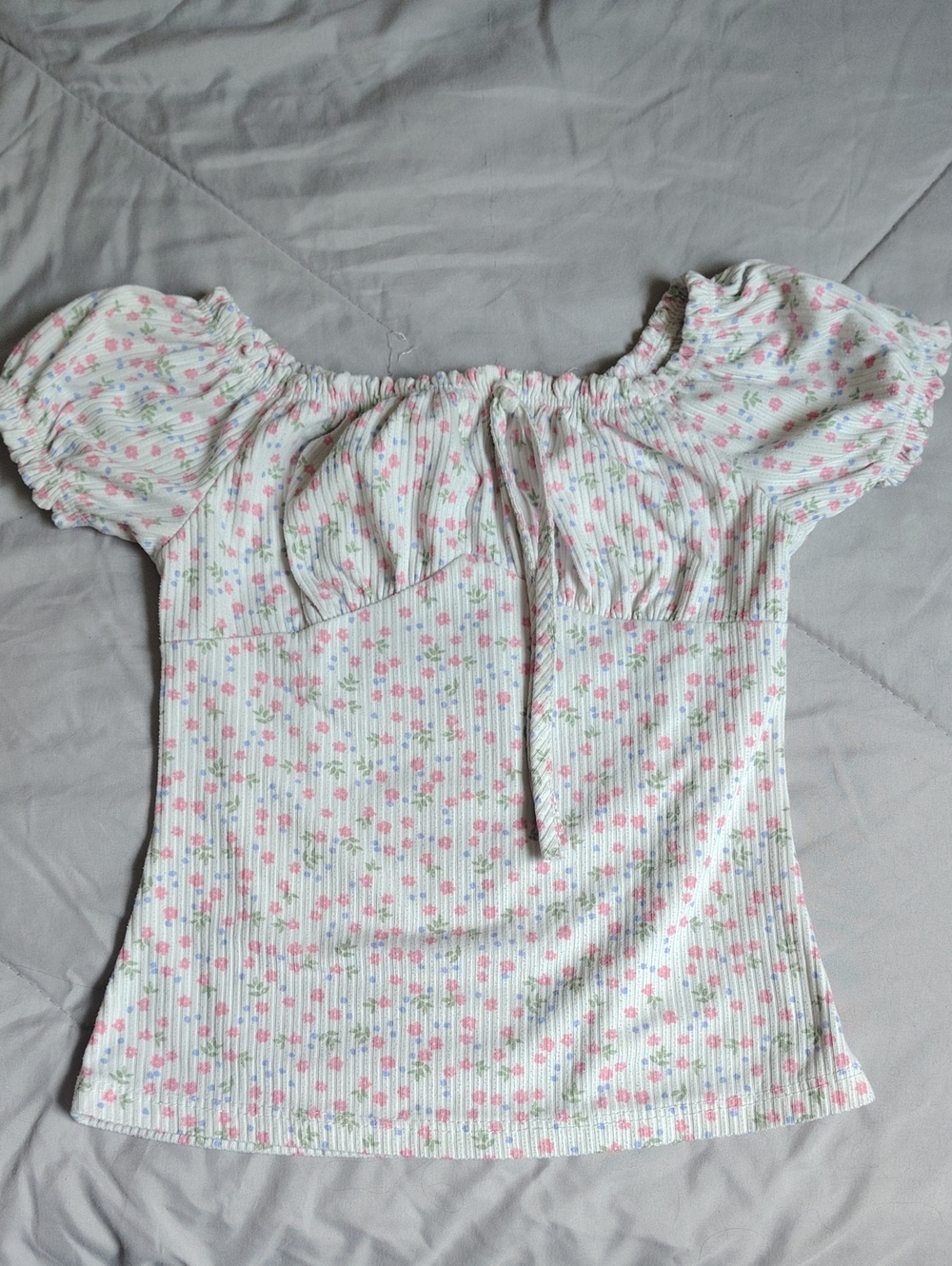 Off-Shoulder Floral Puff Sleeve Top - White with Pink Floral